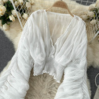 Ladies Fashion Folded Bubble Sleeves Slim Fit Short Chiffon Shirt - Thumbnail 5
