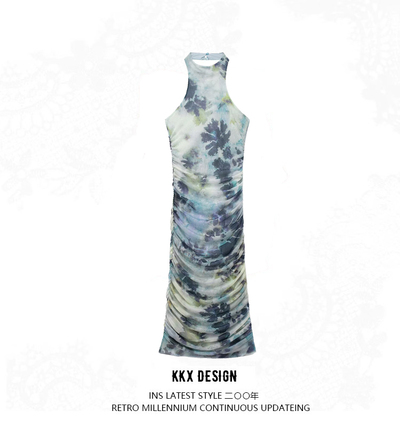 Printed tulle fitted halterneck dress