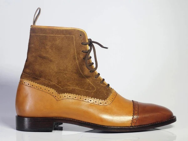 Handmade Men's Ankle High Brown Cap Toe Boots, Men Leather Suede Lace Up Boots
