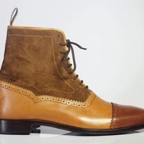 Handmade Men's Ankle High Brown Cap Toe Boots, Men Leather Suede Lace Up Boots