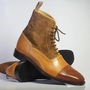 Handmade Men's Ankle High Brown Cap Toe Boots, Men Leather Suede Lace Up Boots-2