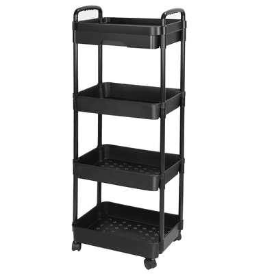 4 Tier Rolling Utility Cart Movable Storage Organizer with Drawer Lockable Wheel 360 Degree Rotatable Hallow Design for Bedroom Bathroom Kitchen-Black