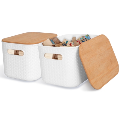 2pcs storage bins with bamboo lids stackable plastic storage container with handle storage box accessories holder for bedroom kitchen shelf closet