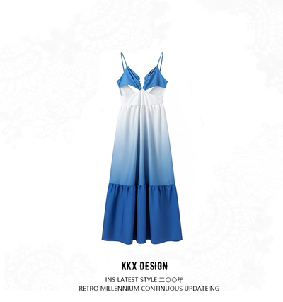 Lightweight and mature gradient long suspender dress