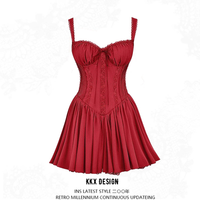 Sexy low-cut lace-up pleated dress with cross-back straps and slim fishbone miniskirt - Thumbnail 4