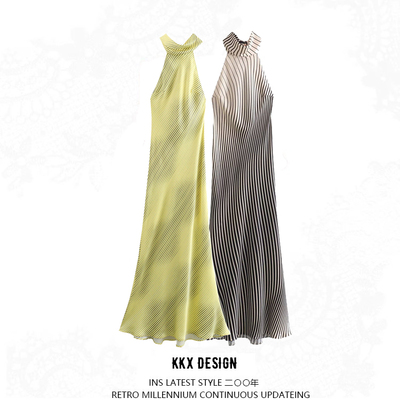 Satin striped open back long dress - Thumbnail 5