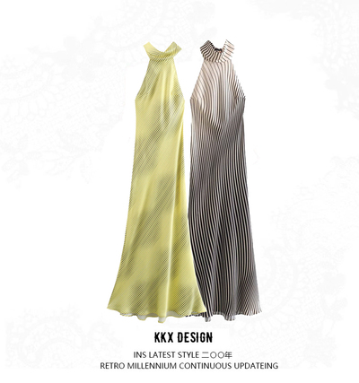 SATIN STRIPED OPEN BACK LONG DRESS