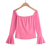 Tulle bow-decorated trumpet sleeve top - Thumbnail 1