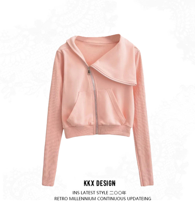 Design diagonal zip loose sweatshirt top