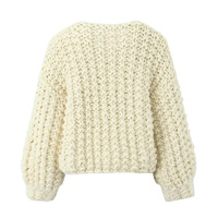 V-neck bow contrast color concealed button sweater new style woven lantern sleeve cardigan - Thumbnail 1