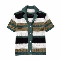 Fashion V-neck short-sleeved colorful striped single-breasted sweater - Thumbnail 2