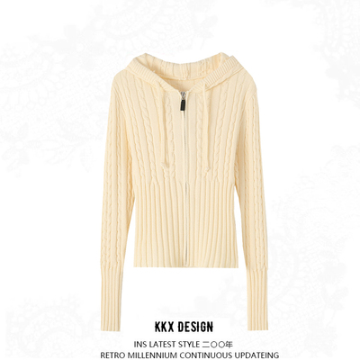 Retro hot girl zipper hooded long sleeve twist waist slim fit sweater