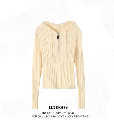 Retro hot girl zipper hooded long sleeve twist waist slim fit sweater