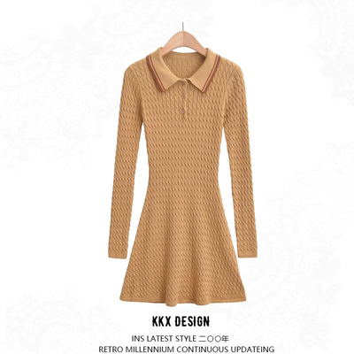 Twisted polo collar knitted dress with waist-hugging long sleeves, slimming and casual fashion short skirt - Thumbnail 4
