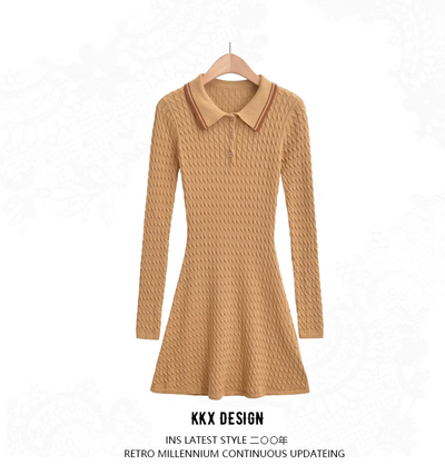 Twisted polo collar knitted dress with waist-hugging long sleeves, slimming and casual fashion short skirt