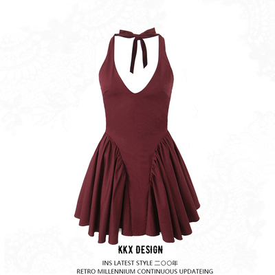 Halter neck suspender dress hot girls backless puffy mini dress - Thumbnail 3