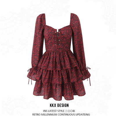 Retro print chic puff sleeve cake dress french square neck halter short dress - Thumbnail 3