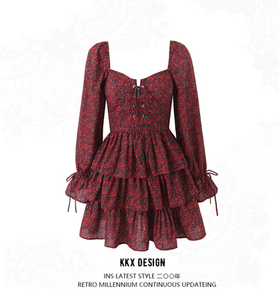 Retro Print Chic Puff Sleeve Cake Dress French Square Neck Halter Short Dress