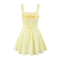 Square neck chic back drawstring suspender dress sweet lace stitching sexy slim mini skirt - Thumbnail 1