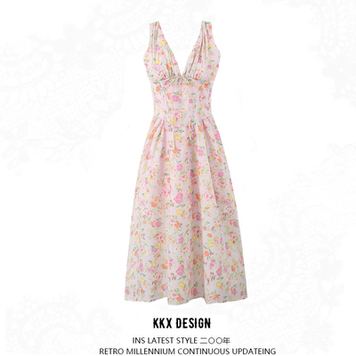V-neck herringbone suspender midi dress