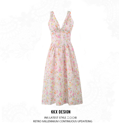 V-neck herringbone suspender midi dress