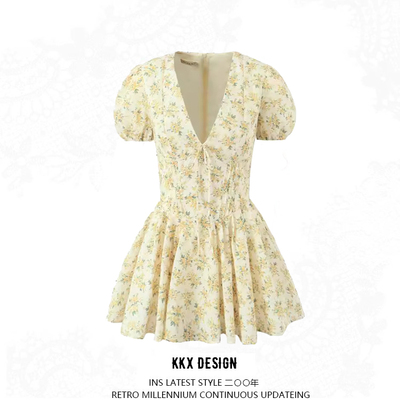 Puff sleeve mini skirt french deep v sexy short princess skirt
