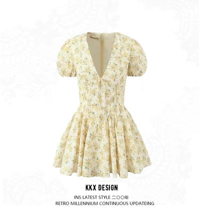 Puff Sleeve Mini Skirt French Deep V Sexy Short Princess Skirt