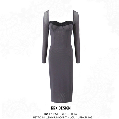 Lace mid-length dress french square neck sexy slim party style hip skirt