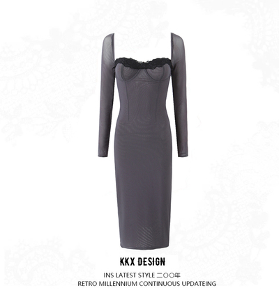 Lace mid-length dress French square neck sexy slim party style hip skirt