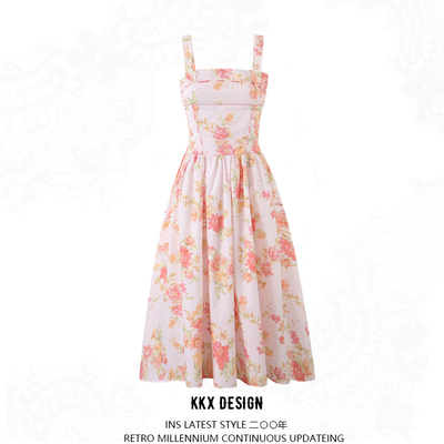 Printed mid-length princess dress sexy slim backless party style suspender dress