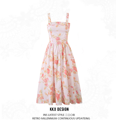 Printed mid-length princess dress sexy slim backless party style suspender dress