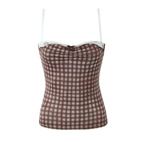 Two-piece plaid lace stitching camisole top mini hip skirt - Thumbnail 4