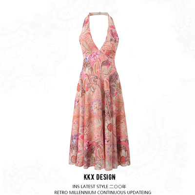 Retro print halter neck midi dress sexy slim backless holiday style dress