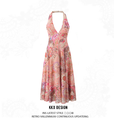 Retro Print Halter Neck Midi Dress Sexy Slim Backless Holiday Style Dress