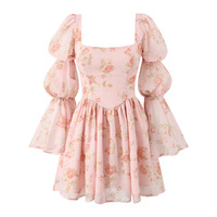 Printed chic lotus root knot long-sleeved short chiffon dress - Thumbnail 2