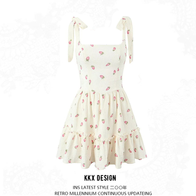 Strawberry print suspender dress square neck sexy backless slim mini skirt