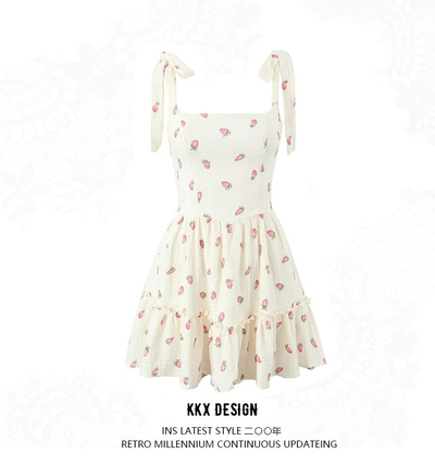 Strawberry Print Suspender Dress Square Neck Sexy Backless Slim Mini Skirt