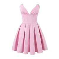Deep V-neck waist pleated mesh fluffy backless pink tube top dress - Thumbnail 3