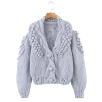 Purely handmade trendy flower sweater coat heavy puff sleeve knitted cardigan - Thumbnail 4