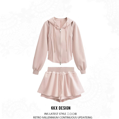 Fake two-piece hooded drawstring zipper waist cardigan sweatshirt jacket sports skirt suit