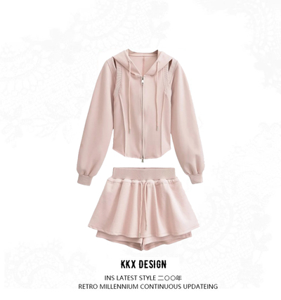 Fake two-piece hooded drawstring zipper waist cardigan sweatshirt jacket sports skirt suit
