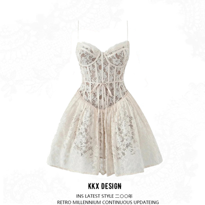 Lace suspender dress feminine waist fishbone pleated tube top puffy a-line miniskirt
