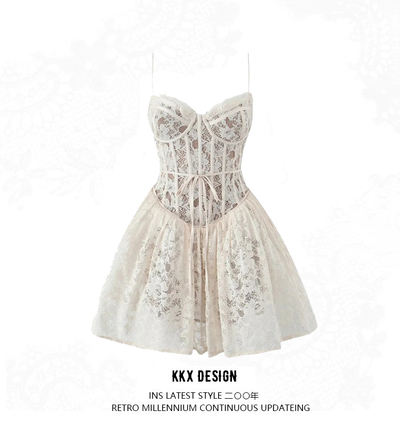 Lace suspender dress feminine waist fishbone pleated tube top puffy A-line miniskirt