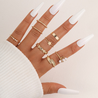  Women Gold Color Simulated Pearl Wedding Ring Jewelry Gifts New Fashion Star Leaves Rings Set
