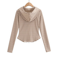 Striped Hooded Zip-Up Cardigan Casual Cropped Long Sleeve Top - Thumbnail 1