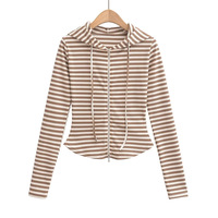 Striped Hooded Zip-Up Cardigan Casual Cropped Long Sleeve Top - Thumbnail 2