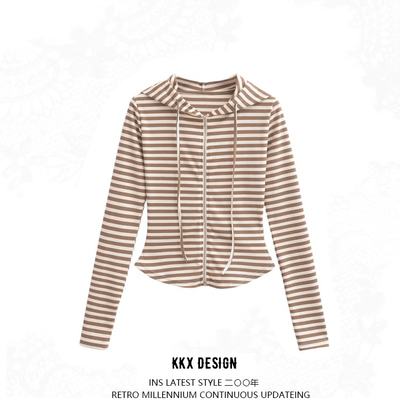 Striped hooded zip-up cardigan casual cropped long sleeve top