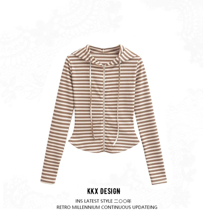 Striped Hooded Zip-Up Cardigan Casual Cropped Long Sleeve Top