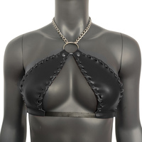 Gothic Black Vinyl Bra Vampira Cross Top Bra with Chain - Thumbnail 4