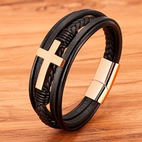 Stainless Steel Cross Design Classic  Men's Leather Bracelet - Thumbnail 6